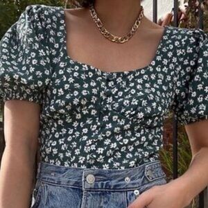 Free People Puff Sleeve Floral Blouse in Dark Green XS